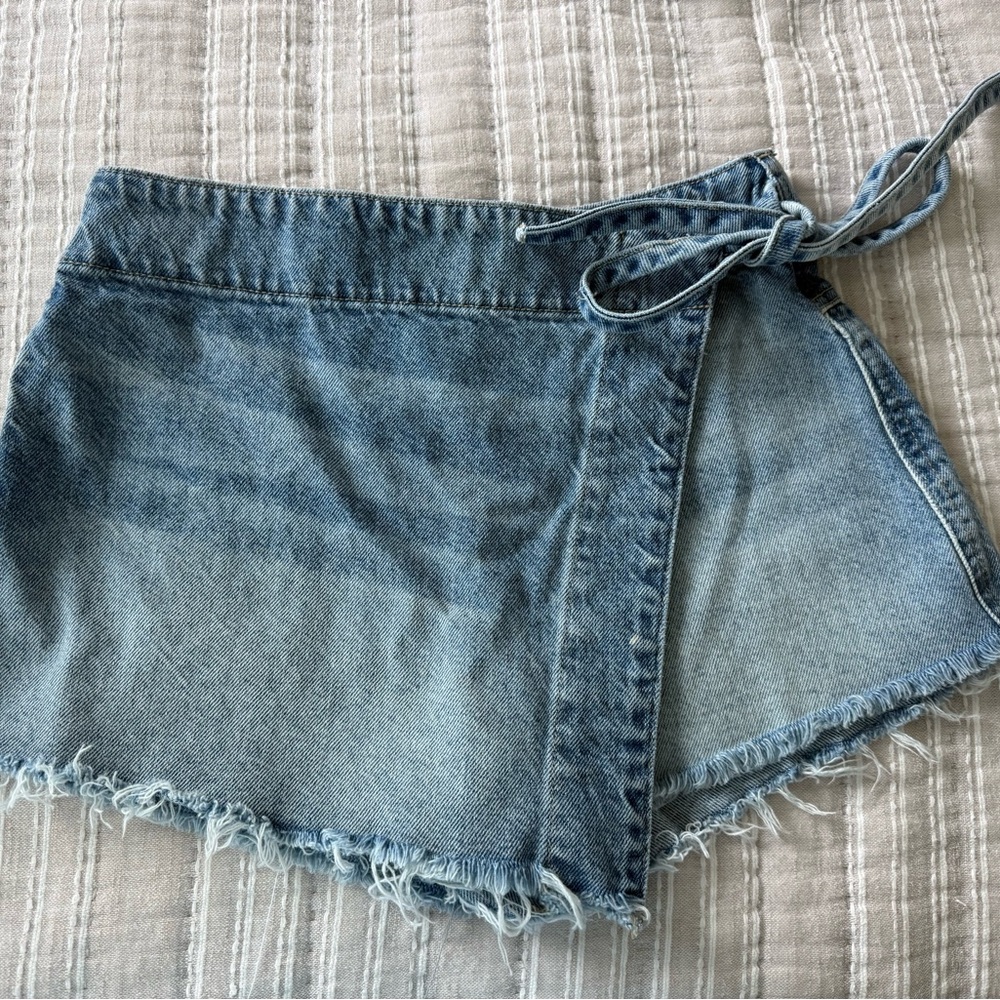 We The Free - Free People Light Blue Denim Wrap Skort with Side Tie